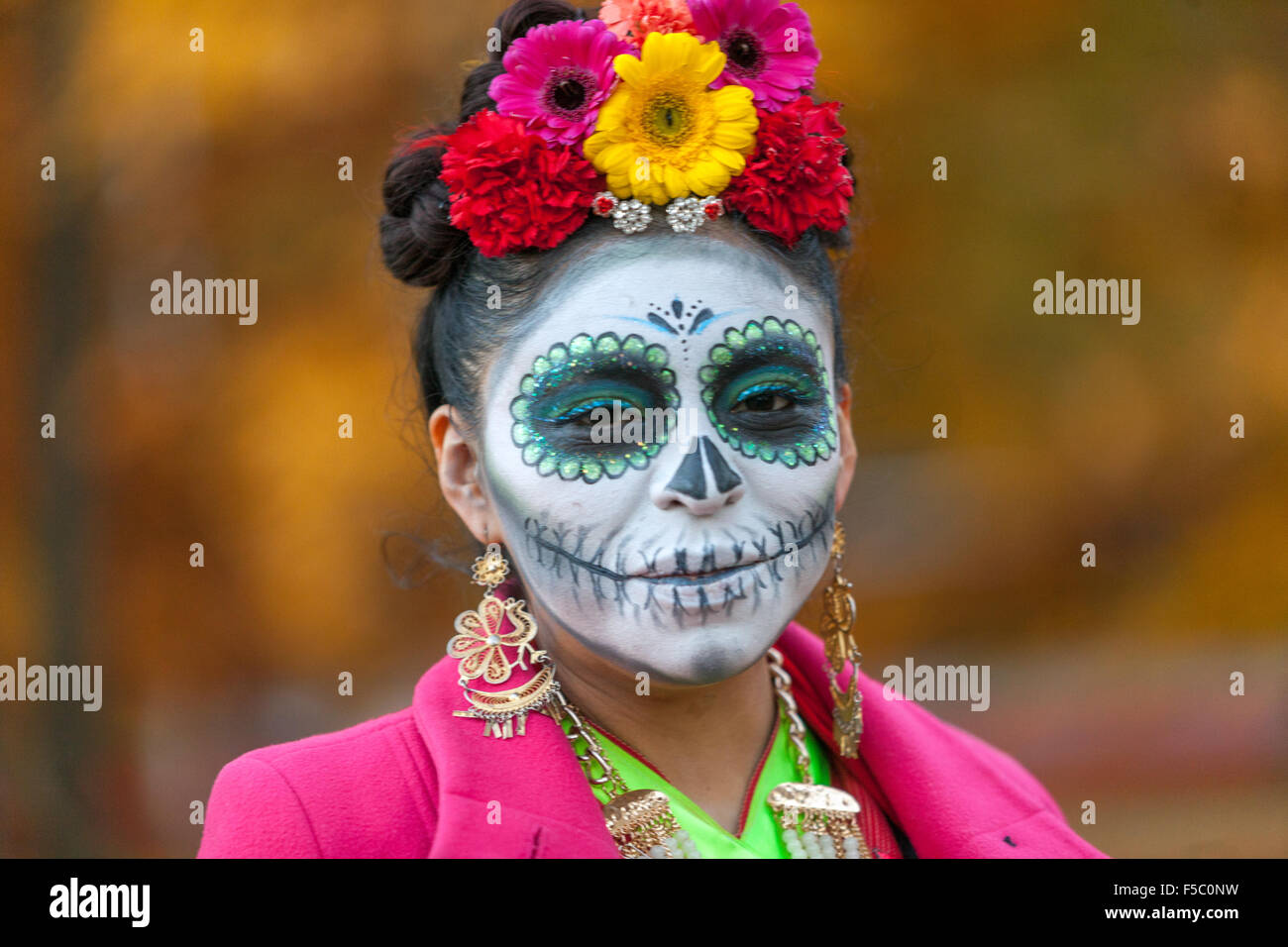 Woman in makeup for Day of the Dead mask, Prague, Czech Republic Stock Photo