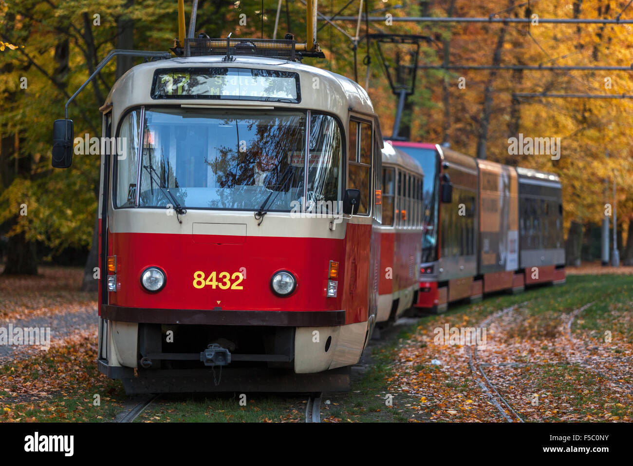 Prague Streetcar Prague tram Stromovka, city park, Czech Republic Stock Photo