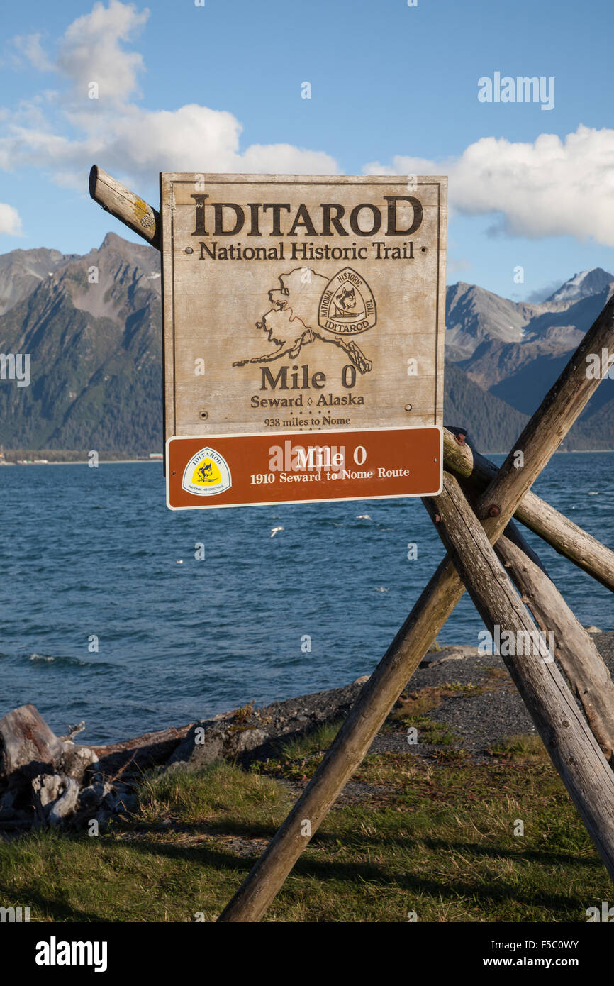 The start of the  Iditarod Trail at mile 0 in Seward, Alaska Stock Photo