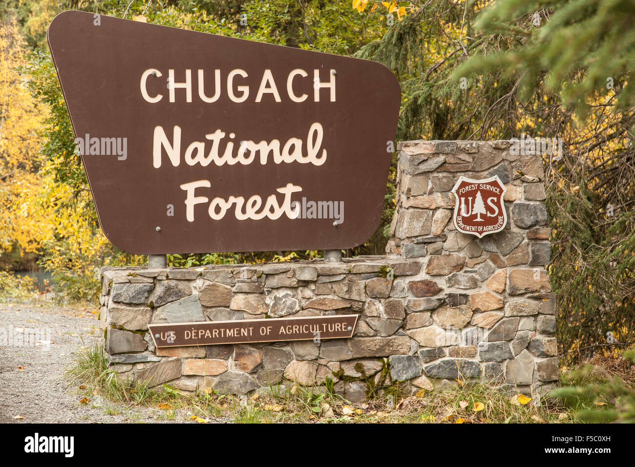 Entrance sign to Chugach National Forest, in Alaska Stock Photo