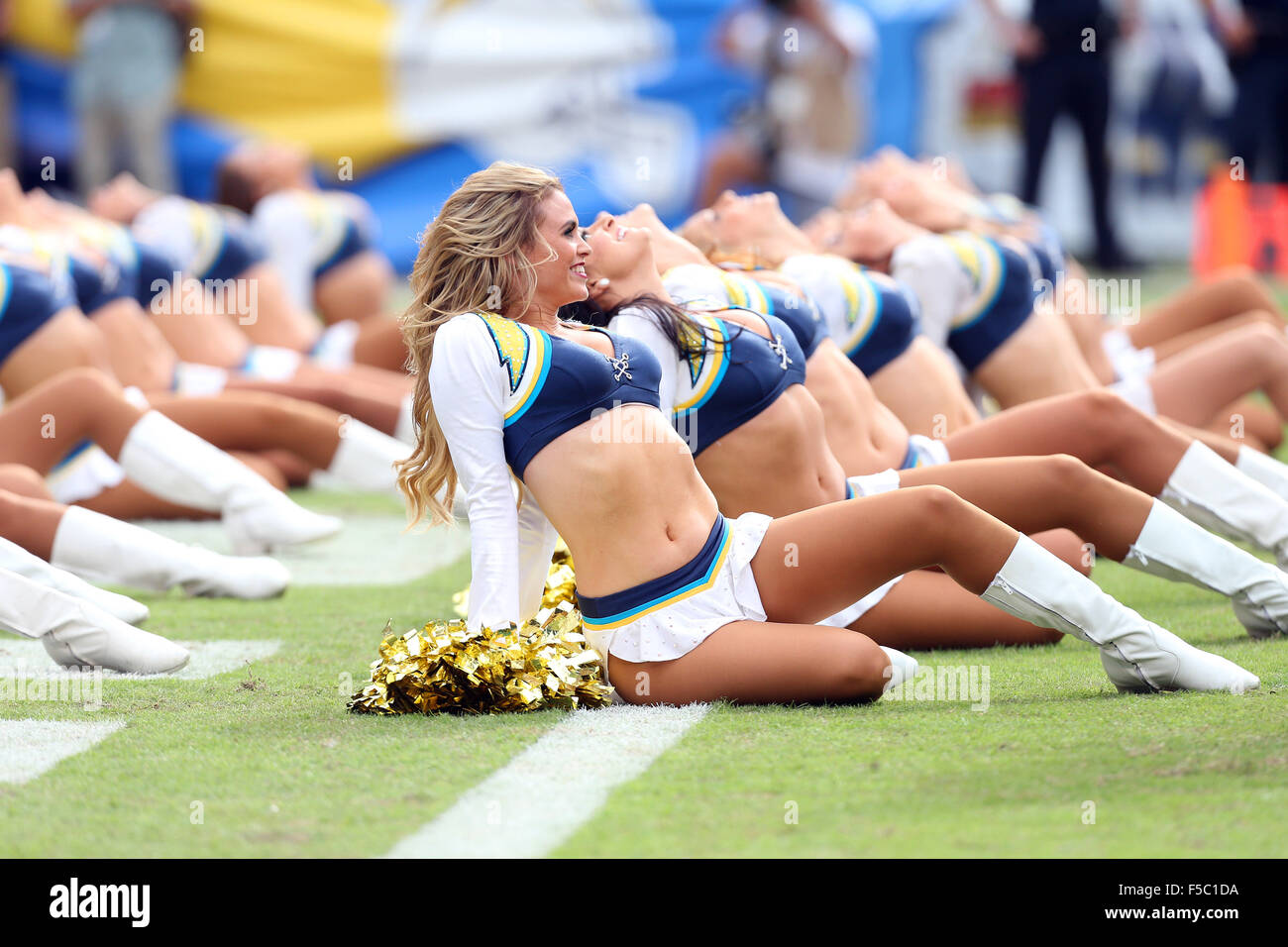 October 25, 2015 San Diego Chargers cheerleaders in action during the NFL Football game between the Oakland Raiders and the San Diego Chargers at the Qualcomm Stadium in San Diego, California.Charles Baus/CSM Stock Photo