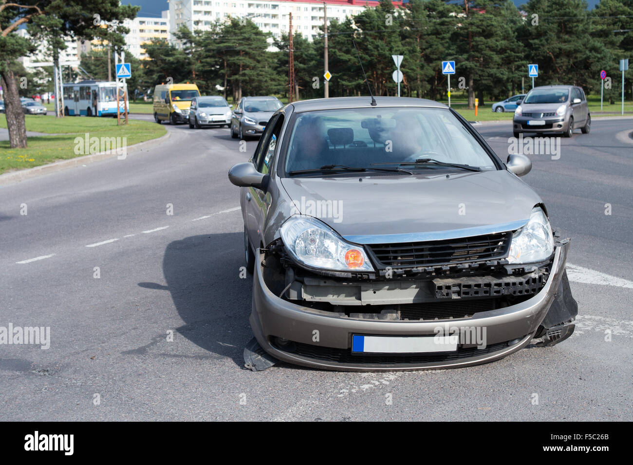 Car Crash - front view of a car with some visible damage Stock Photo