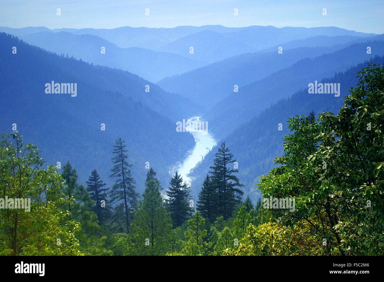 View of the Rogue River from Grave Creek to Foster Bar in the Klamath mountains of the Siskiyou National Forest May 17, 2015 near Medford, Oregon. Stock Photo