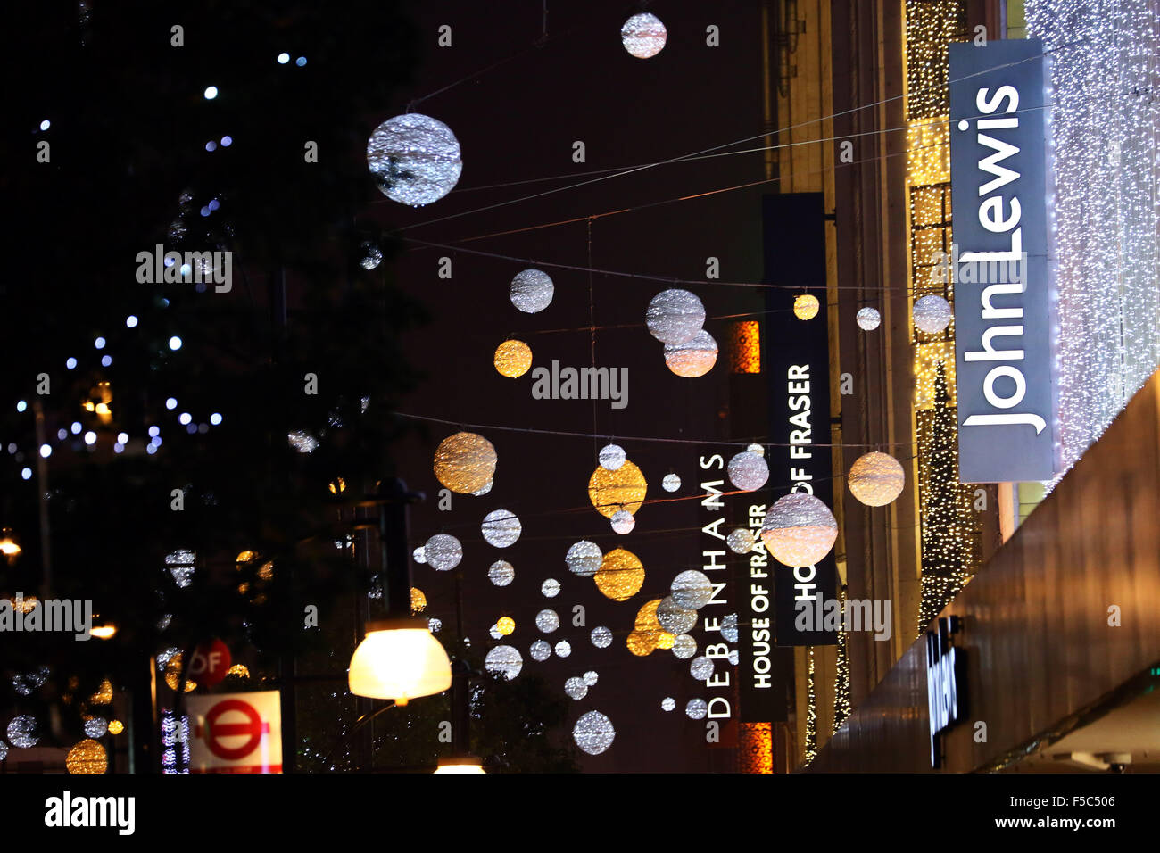 London, UK. 1st November 2015. Lights outside John Lewis department store during the switching on Oxford Street Christmas lights and Xmas decorations in London but some failed to switch on immediately and only came on later Credit:  Paul Brown/Alamy Live News Stock Photo