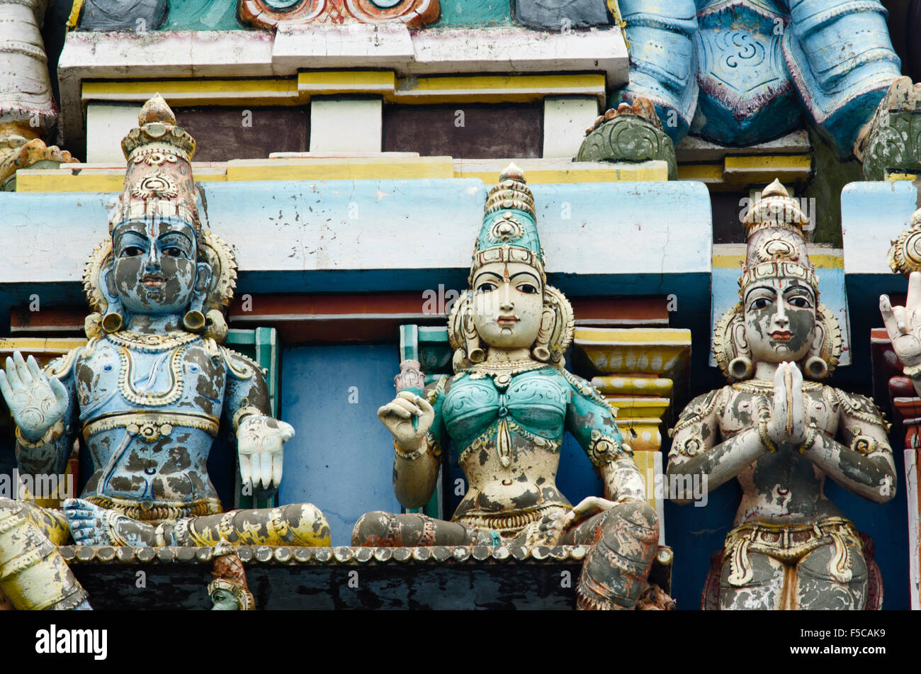 Intricate carvings of Hindu Gods and Goddesses on the facade of a Hindu temple in Chennai, Madras, Tamil Nadu, India, Asia Stock Photo