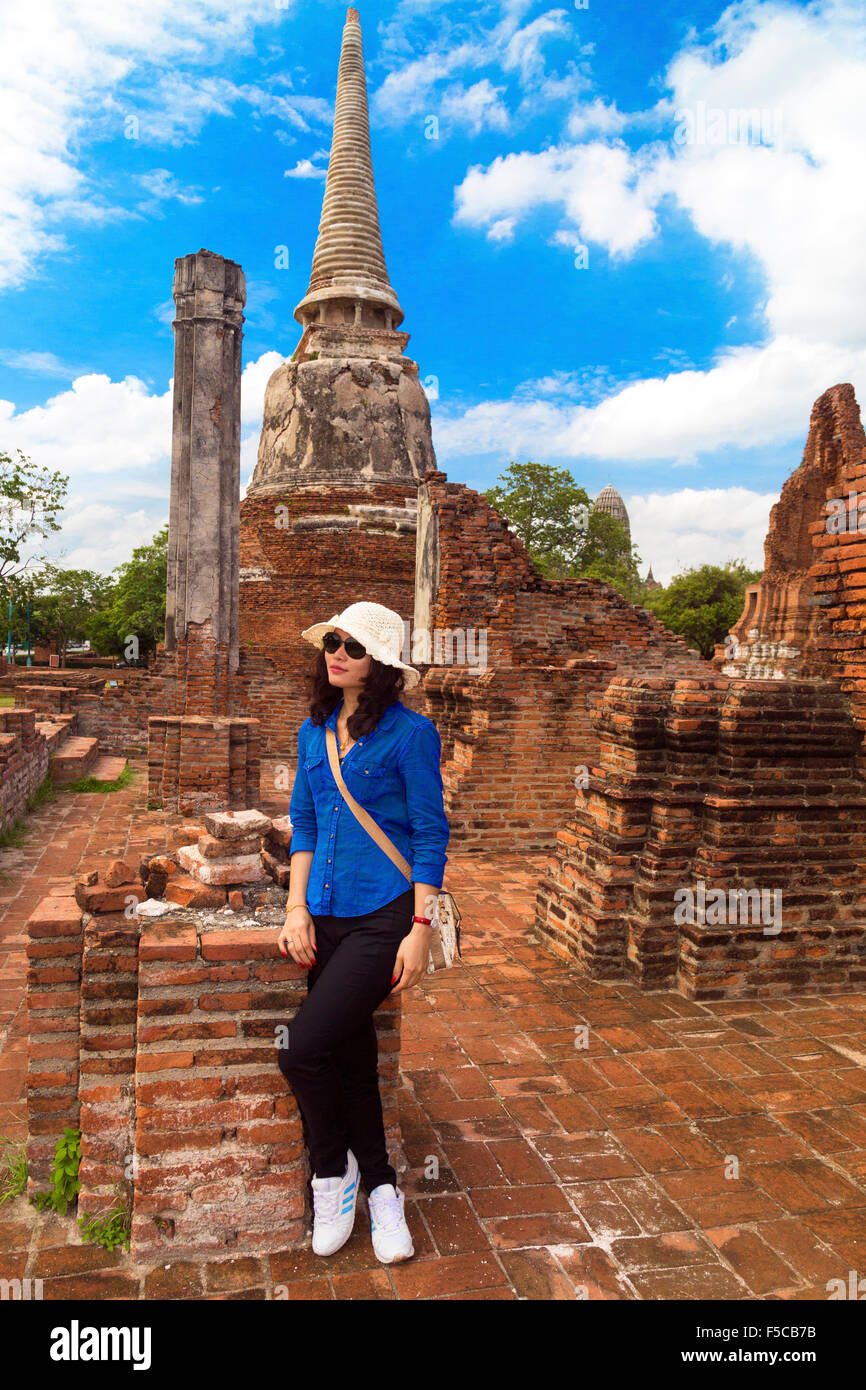 Tourist at Wat Maha That, Ayutthaya, Thailand Stock Photo