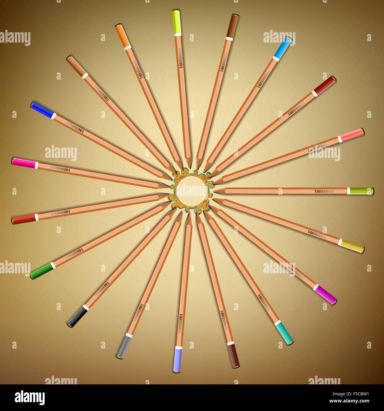 Multi-colored pencils laid out in a circle on the paper.Vector Stock Vector