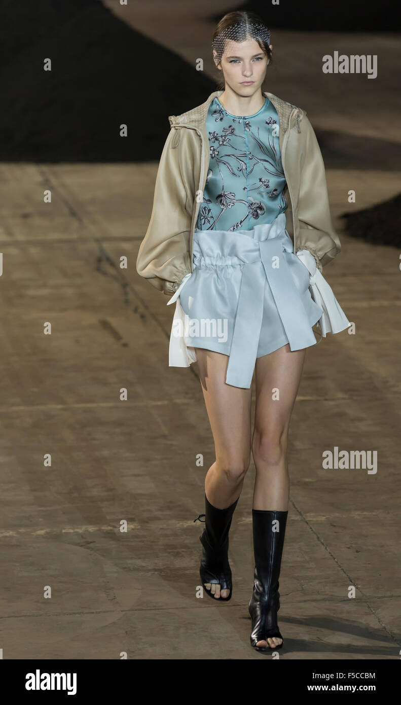 New York, NY - September 14, 2015: Inga Dezhina walks the runway at the 3.1 Phillip Lim Spring Summer 2016 fashion show Stock Photo