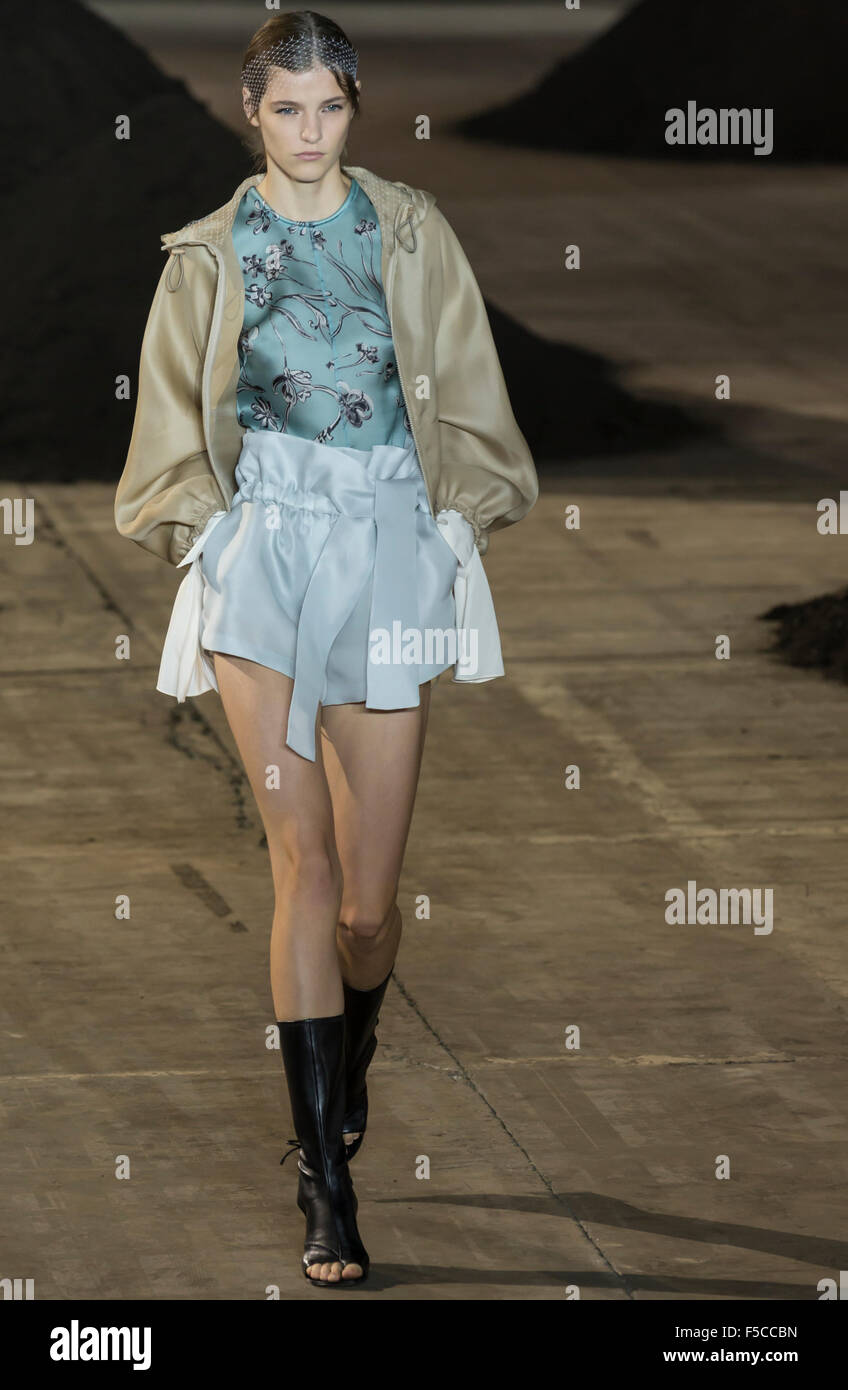 New York, NY - September 14, 2015: Inga Dezhina walks the runway at the 3.1 Phillip Lim Spring Summer 2016 fashion show Stock Photo