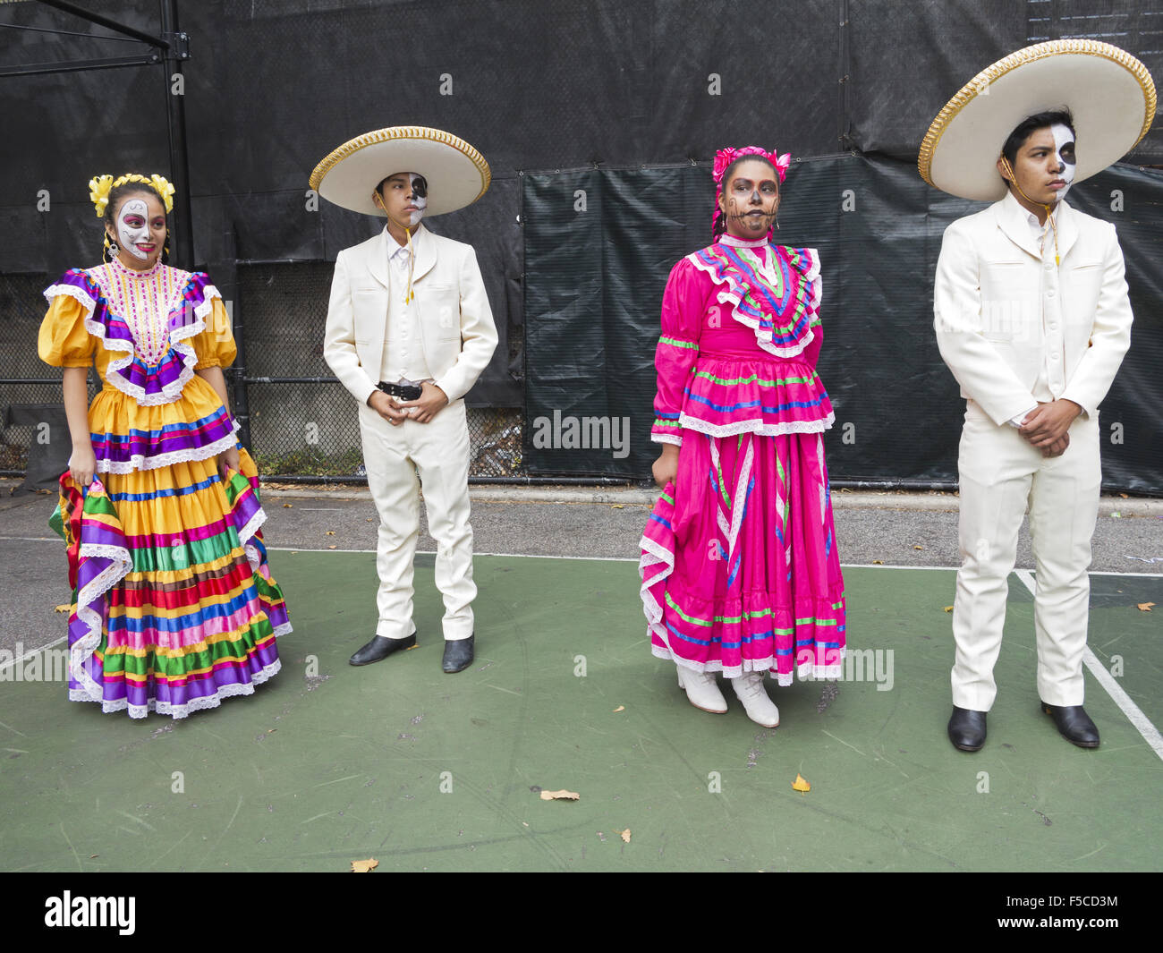 Folkloric dancers wait to perform at Day of the Dead Festival in the Kensington section of Brooklyn, NY, Nov.1, 2015. Stock Photo