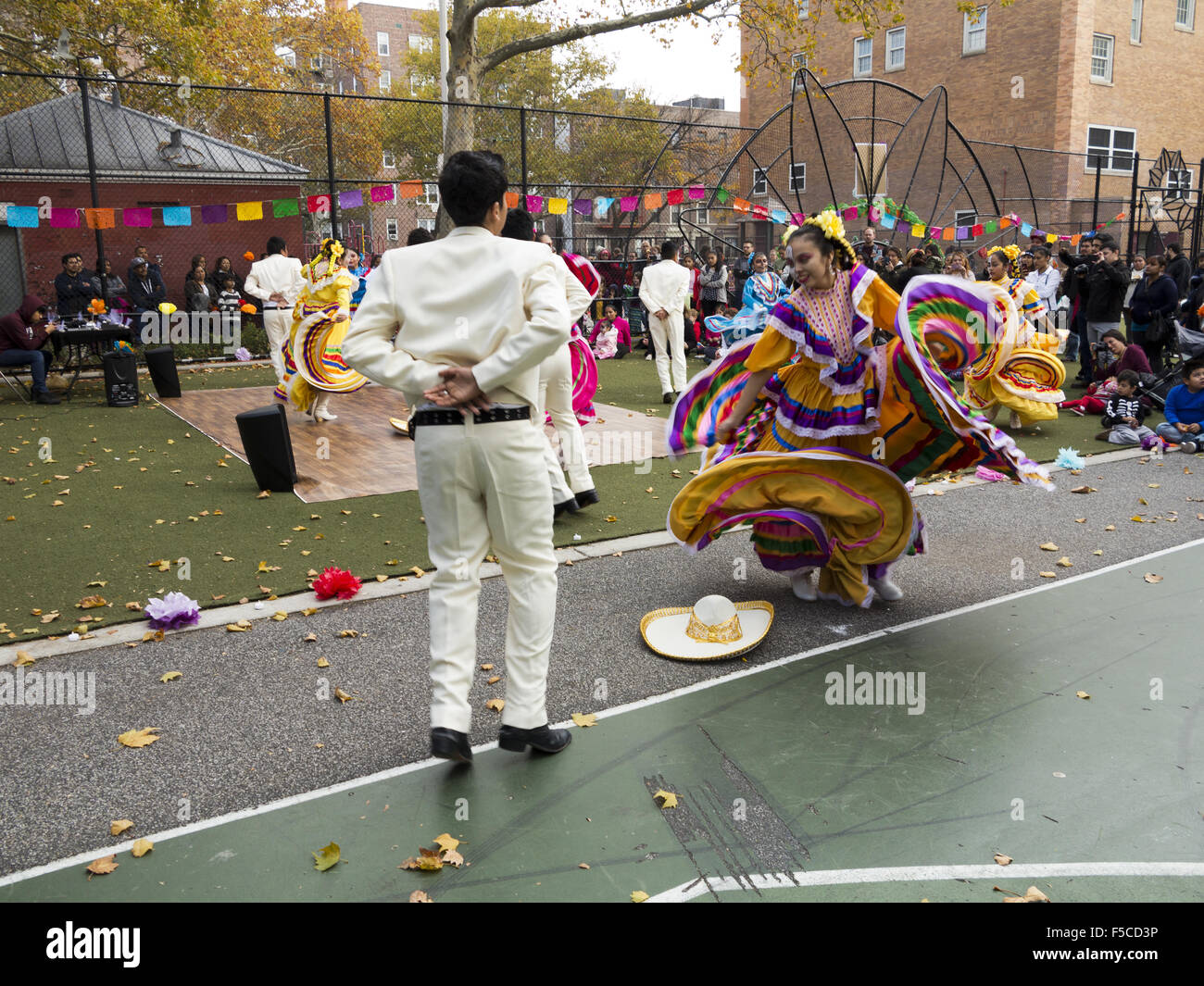 Folkloric dancers do Mexican Hat dance at Day of the Dead Festival in Kensington in Brooklyn, NY, Nov.1, 2015. Stock Photo