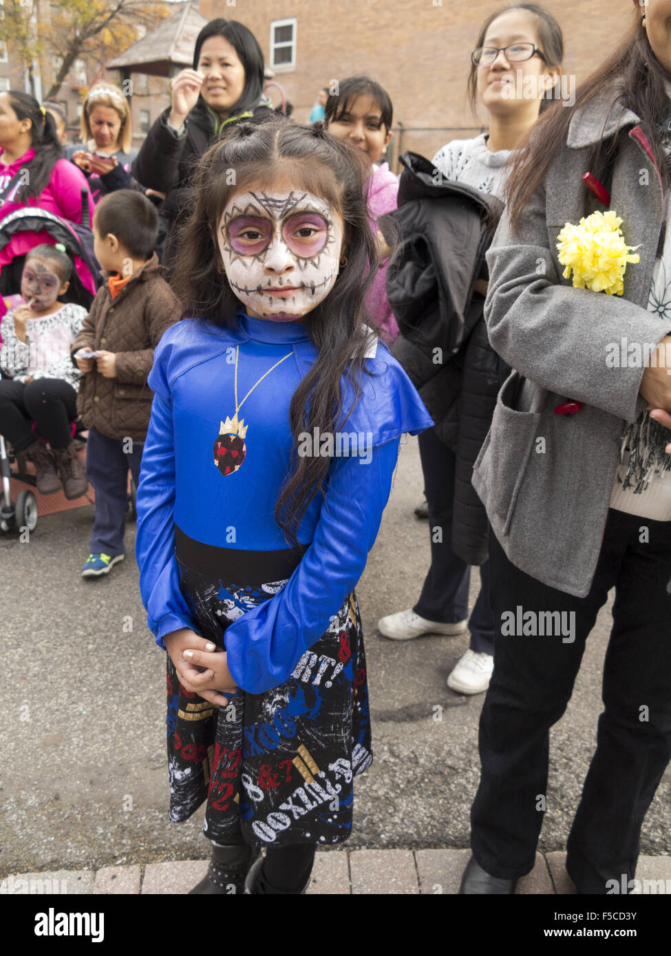 Girl in Day of the Dead makeup at Festival in the Kensington section of Brooklyn, NY, Nov.1, 2015. Stock Photo