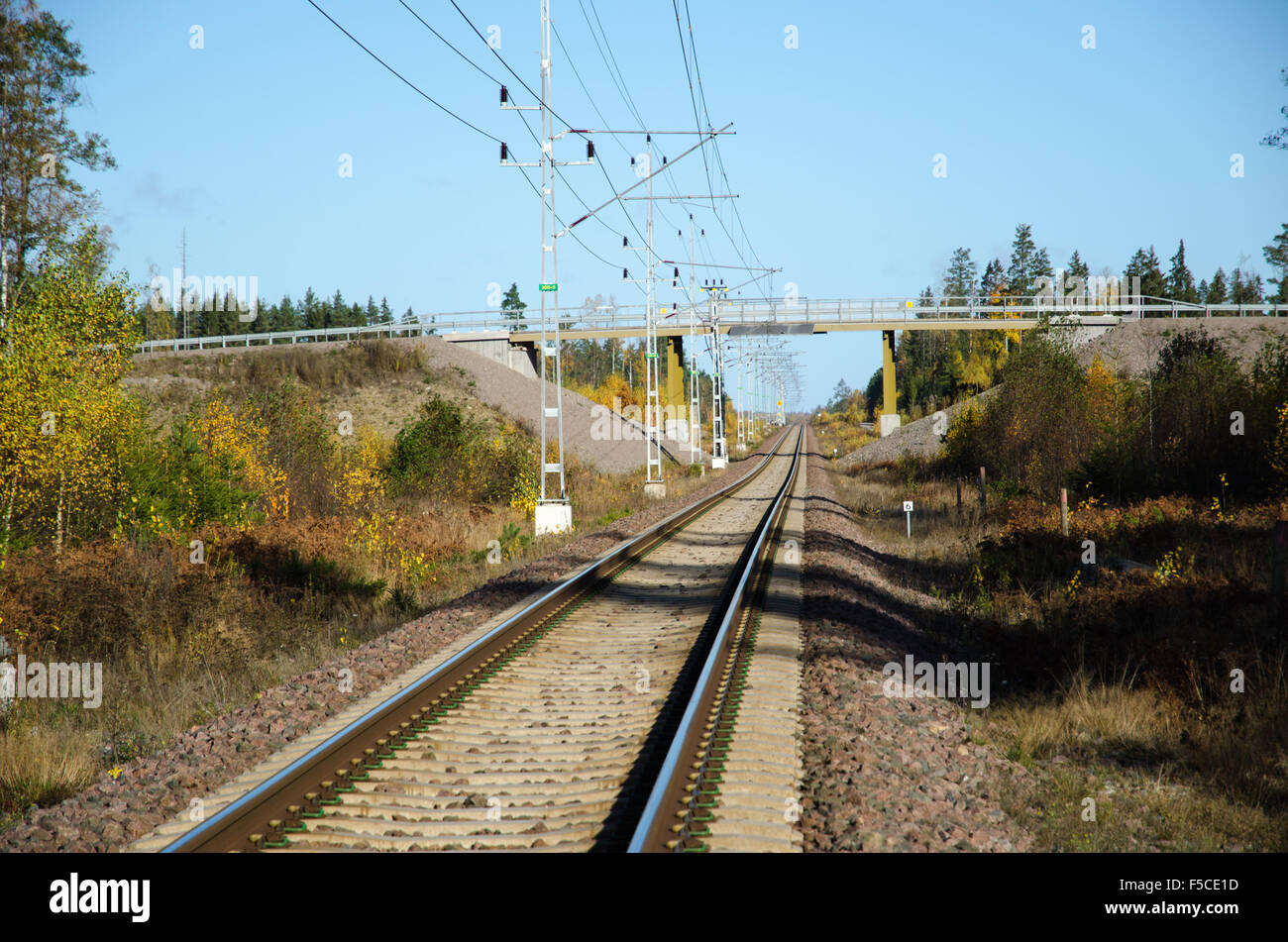 Bridge with road overpass over railroad in a fall colored landscape Stock Photo