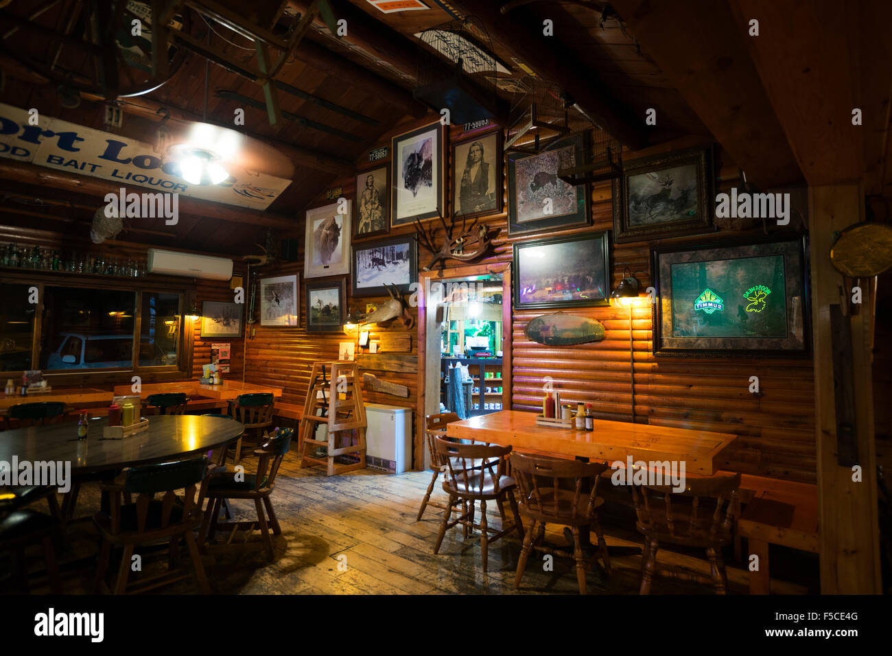 Interior of a log tavern and dining room at Trail Center, Gunflint Trail, MN, USA Stock Photo