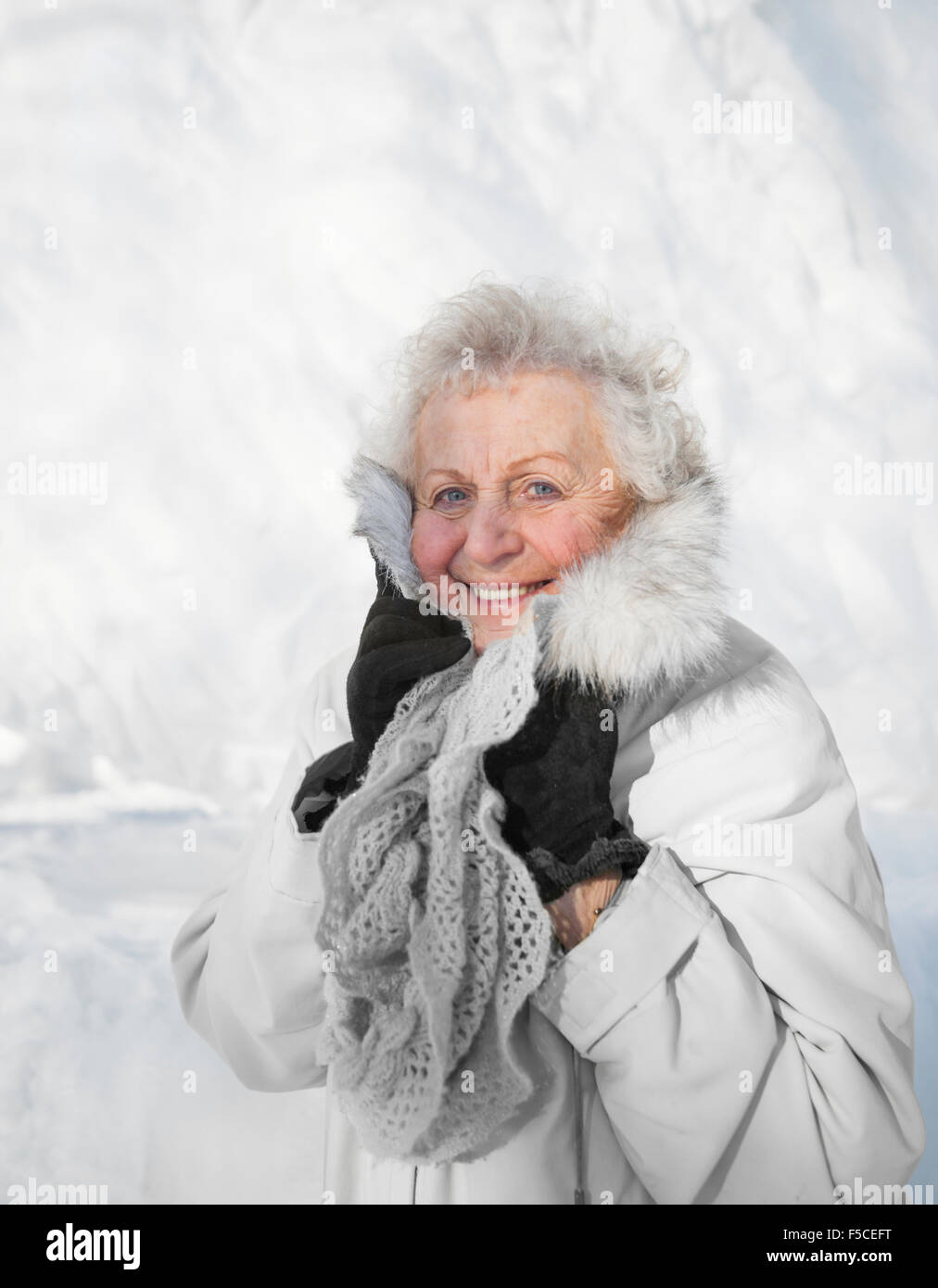 Smiling senior Caucasian woman standing in snow snuggles up to her furry collar and woolen scarf on a cold winter day, MN, USA Stock Photo