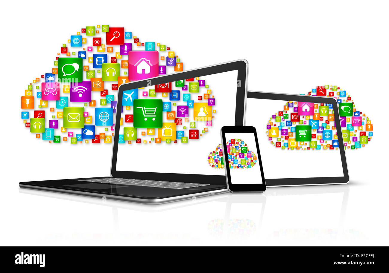 3D Cloud computing symbol and computer set Stock Photo - Alamy