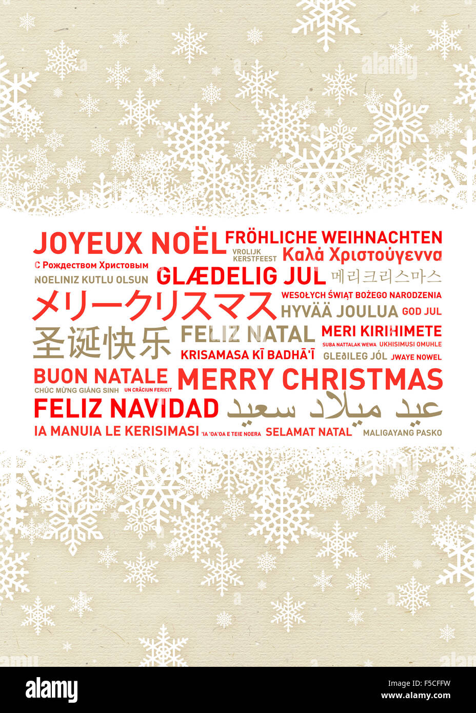 Merry christmas from the world. Different languages celebration card Stock Photo