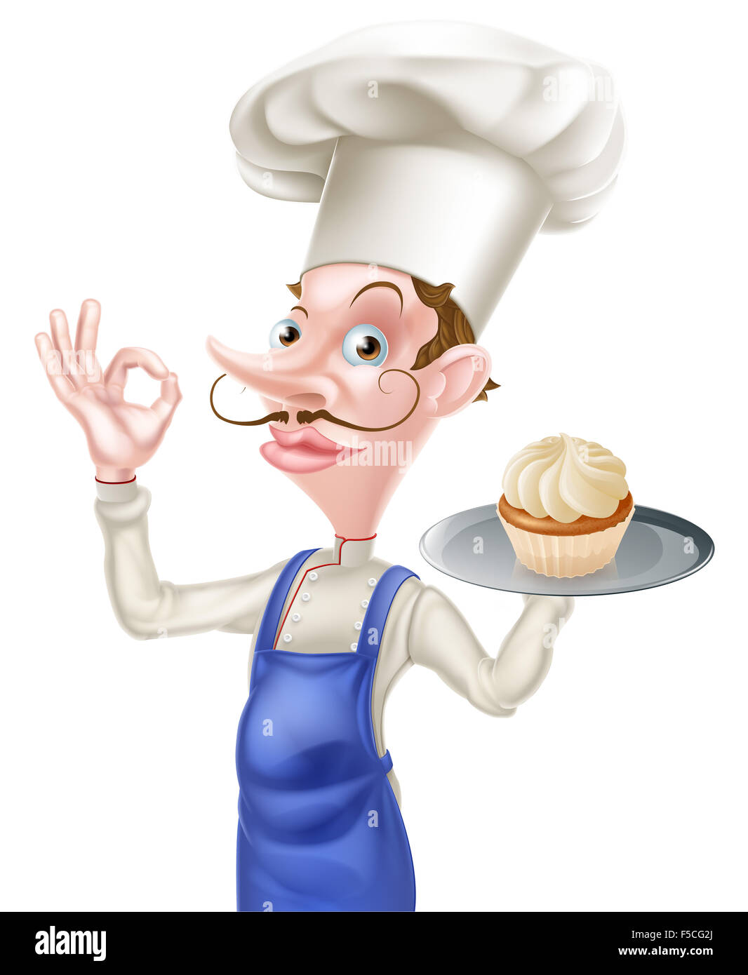 An illustration of a cartoon chef or baker doing a perfect or okay sign and holding a tray with a cake on it Stock Photo