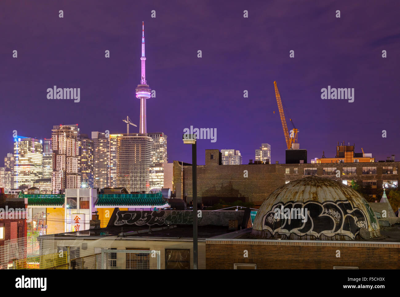 Downtown Toronto skyline seen from a rooftop in Kensington Market near