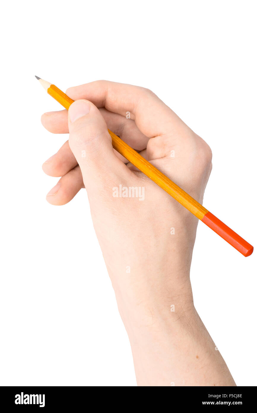 A hand holding a pencil on white background Stock Photo