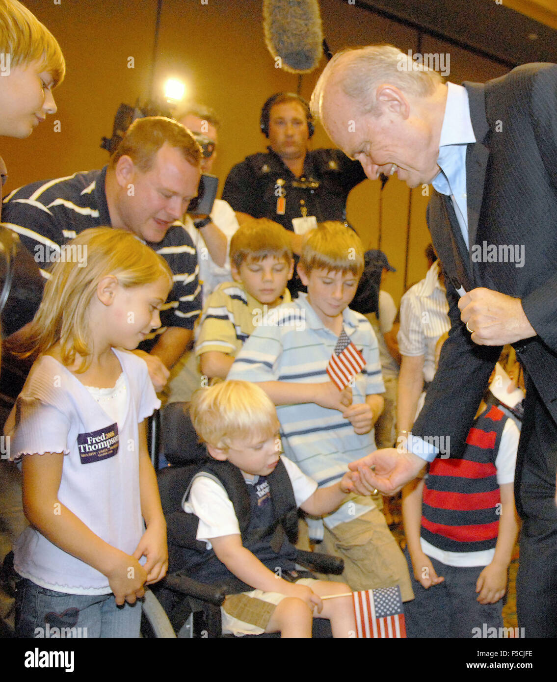 In this file photo, former United States Senator Fred Thompson (Republican of Tennessee), who is a candidate for the Republican nomination for President of the United States, speaks at a campaign event at the Cedar Rapids Marriott, Cedar Rapids, Iowa on Saturday, September 8, 2007. Thompson's family announced he passed away on Sunday, November 1, 2015 at age 73 in Nashville, Tennessee after a recurrence of lymphoma. Credit: Ron Sachs/CNP (RESTRICTION: NO New York or New Jersey Newspapers or newspapers within a 75 mile radius of New York City) - NO WIRE SERVICE - Stock Photo