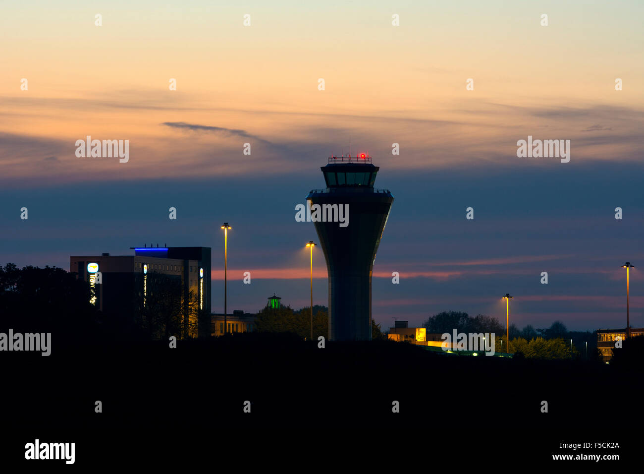 Dusk view with Birmingham Airport control tower, West Midlands, UK Stock Photo
