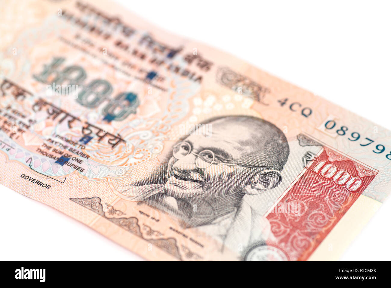 One thousand rupee note (Indian Currency) isolated on a white background Stock Photo