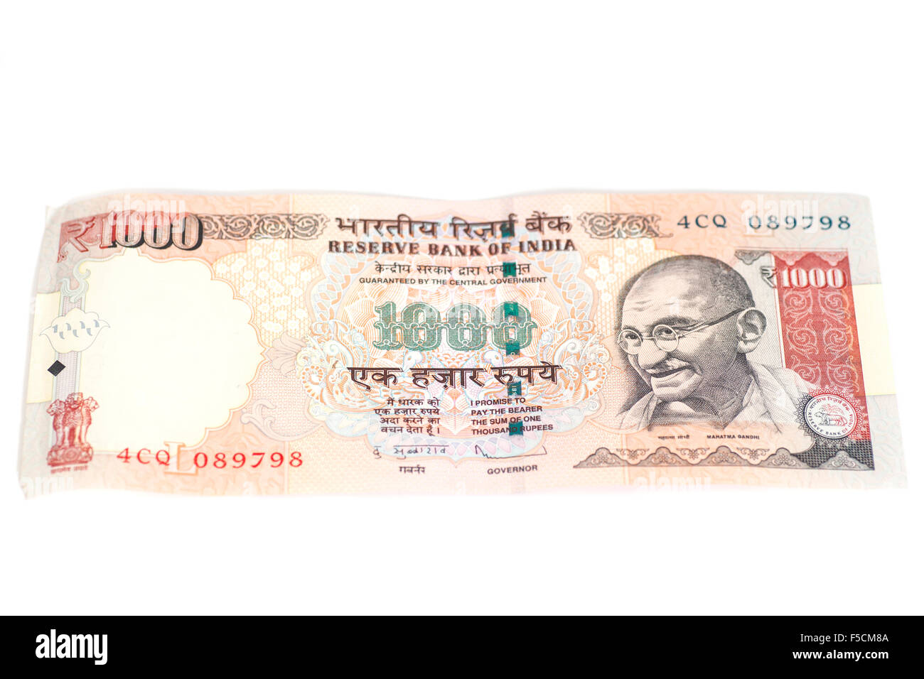 One thousand rupee note (Indian Currency) isolated on a white background Stock Photo