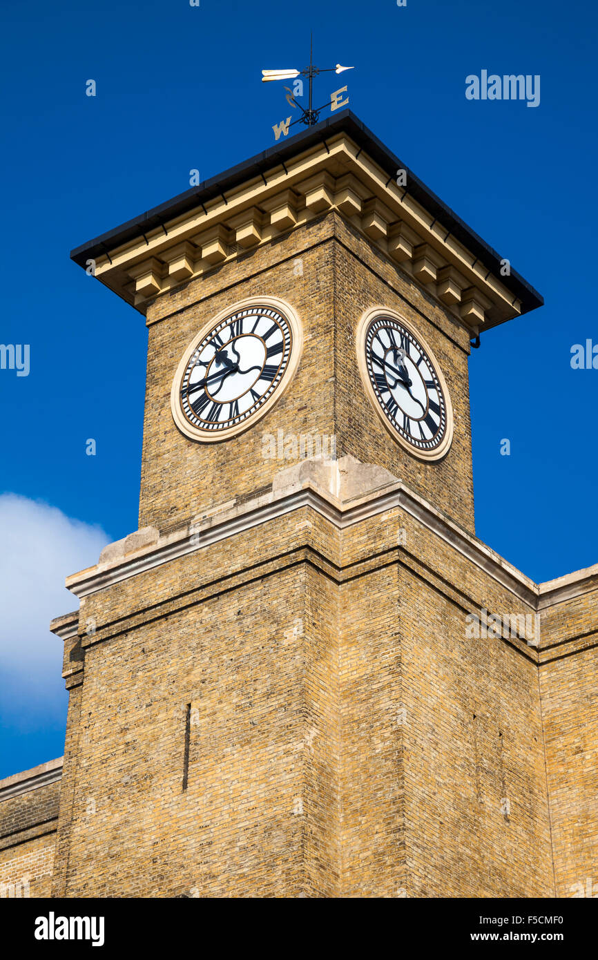 Close-up of clock tower at King's Cross Station, London, UK Stock Photo