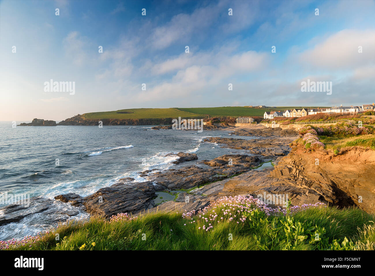 Beautiful summer evening overlooking Trevone bay on the north coast of Cornwall Stock Photo