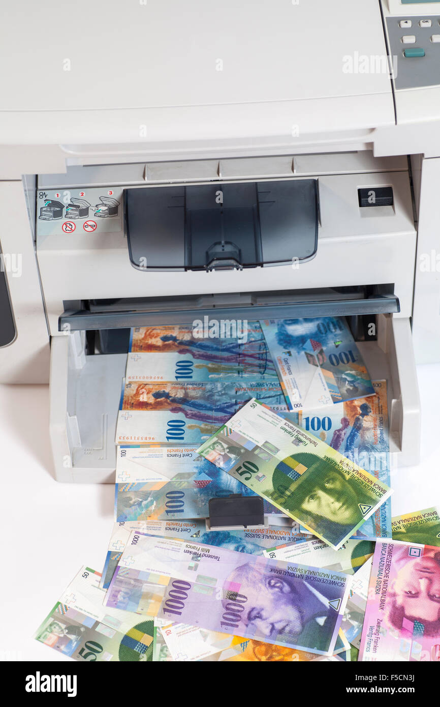 Printer printing fake Swiss francs, currency of switzerland on white
