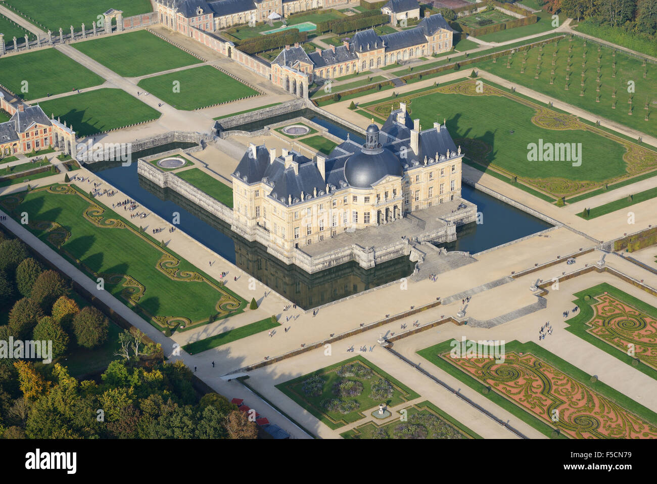 AERIAL VIEW. Castle and gardens of Vaux-le-Vicomte. Maincy, Seine-et-Marne, Île-de-France, France. Stock Photo