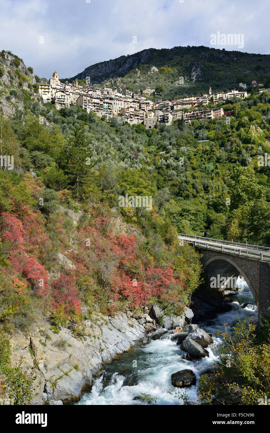 Perched medieval village overlooking the Roya River. Saorge, Alpes-Maritimes, France. Stock Photo