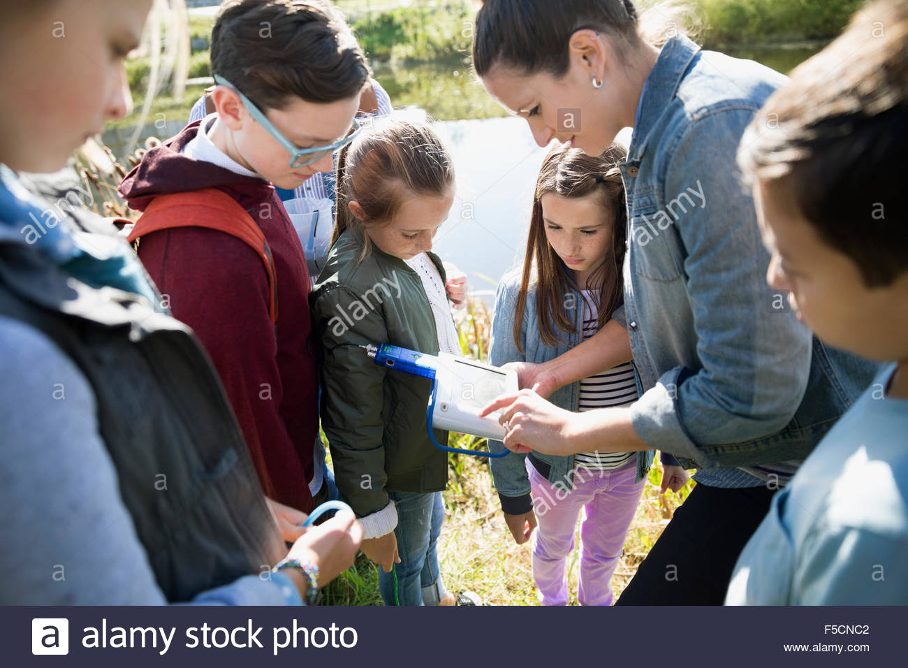 Science Teacher Students With Equipment On Field Trip Stock Photo Alamy