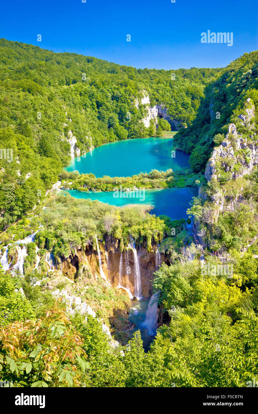 Beautiful falling lakes of Plitvice national park vertical view, Croatia Stock Photo