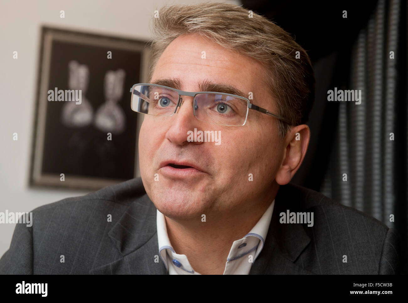 Chairman of the board at Diamonds International Corporation (DIC) Lubos Riha gives an interview to CTK in Prague, Czech Republic, October 26, 2015. Riha will build a hotel complex worth more than $ 200 million (nearly five billion Czech crowns). The complex will operate one of the world hotel chains, for example a company of US billionaire Donald Trump is interested in it. DIC was founded in 2005 and focuses on the sale of investment diamonds, diamond jewelry and luxury watches. It operates in Central Europe, but it also penetrate the markets in Russia, China or Vietnam. The company is also pr Stock Photo