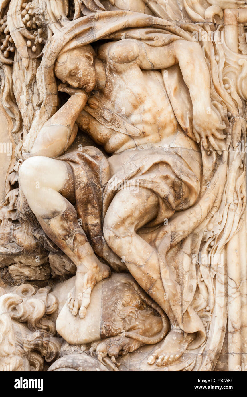 Alabaster facade detail of one of the two giants sculptures, National Museum of Ceramics and Decorative Arts, Valencia, Spain. Stock Photo