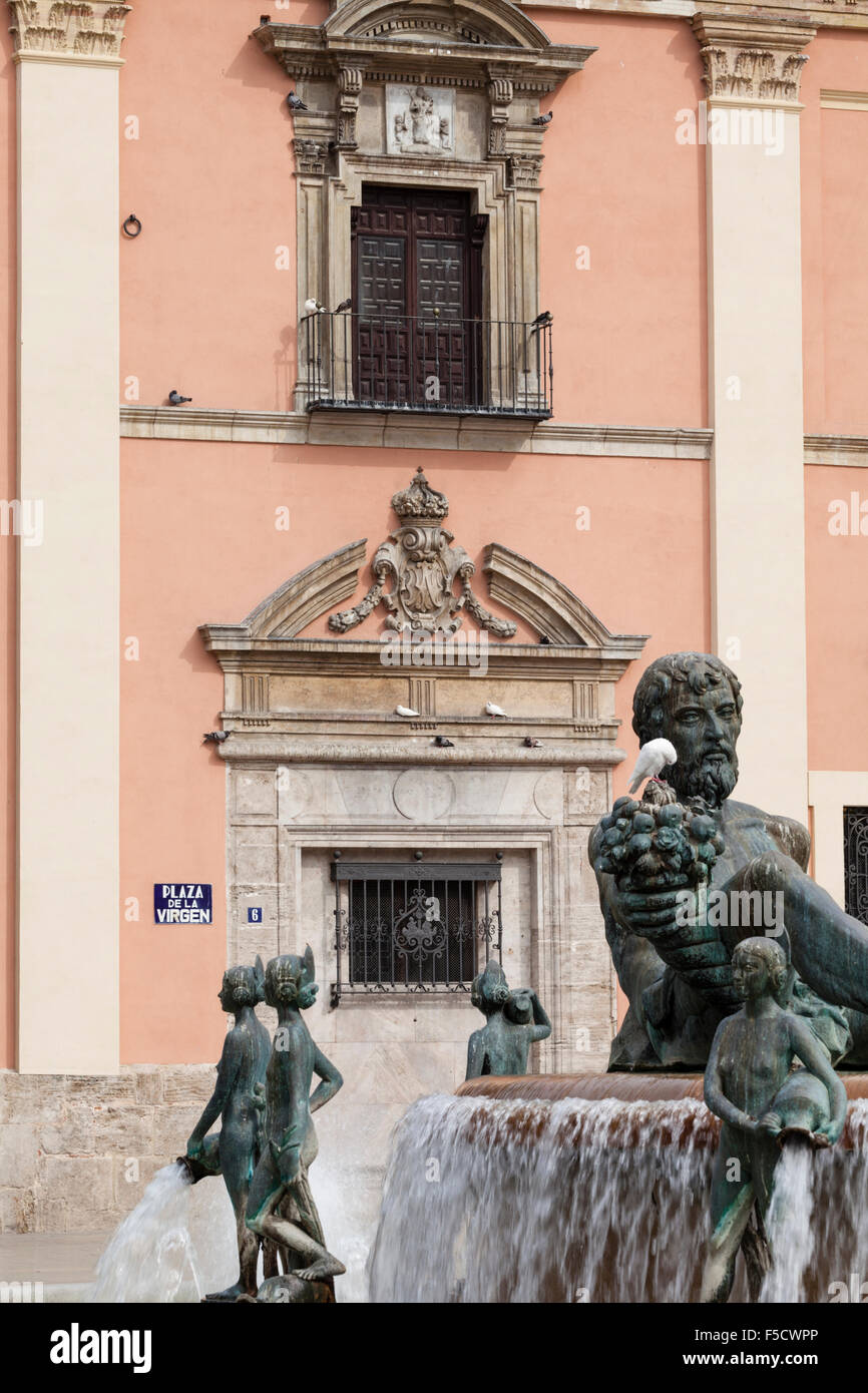 A fountain tribute to the river Turia in the Plaza de la Virgen, Valencia, Spain. Stock Photo