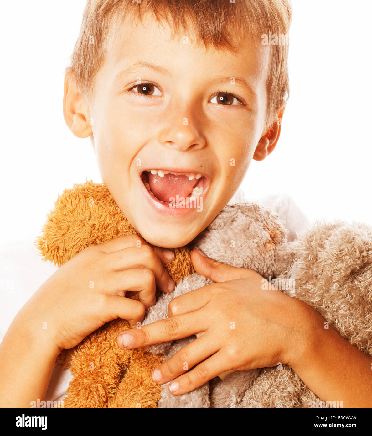little cute boy with many teddy bears hugging isolated close up Stock ...