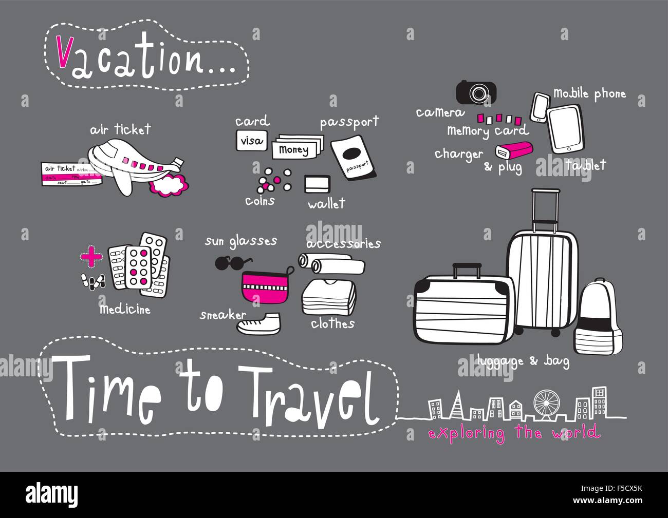 Time to Travel Doodle & Exploring the World Dark Grey background, Things to prepare for Vacation Stock Vector