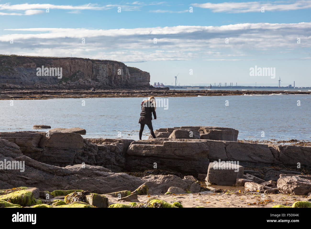A woman on the rocks near Seaton sluice takes a photo with a mobile phone, the port of Blyth is in the distance, Tyne and Wear, UK Stock Photo