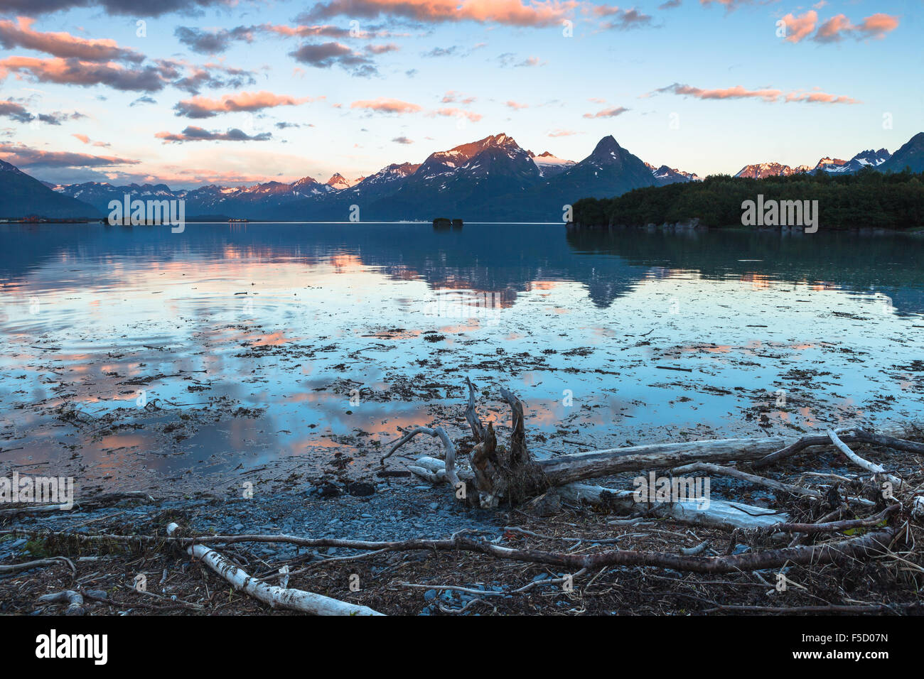 Prince William Sound at sunset from Valdez coastline, Alaska, United States of America Stock Photo