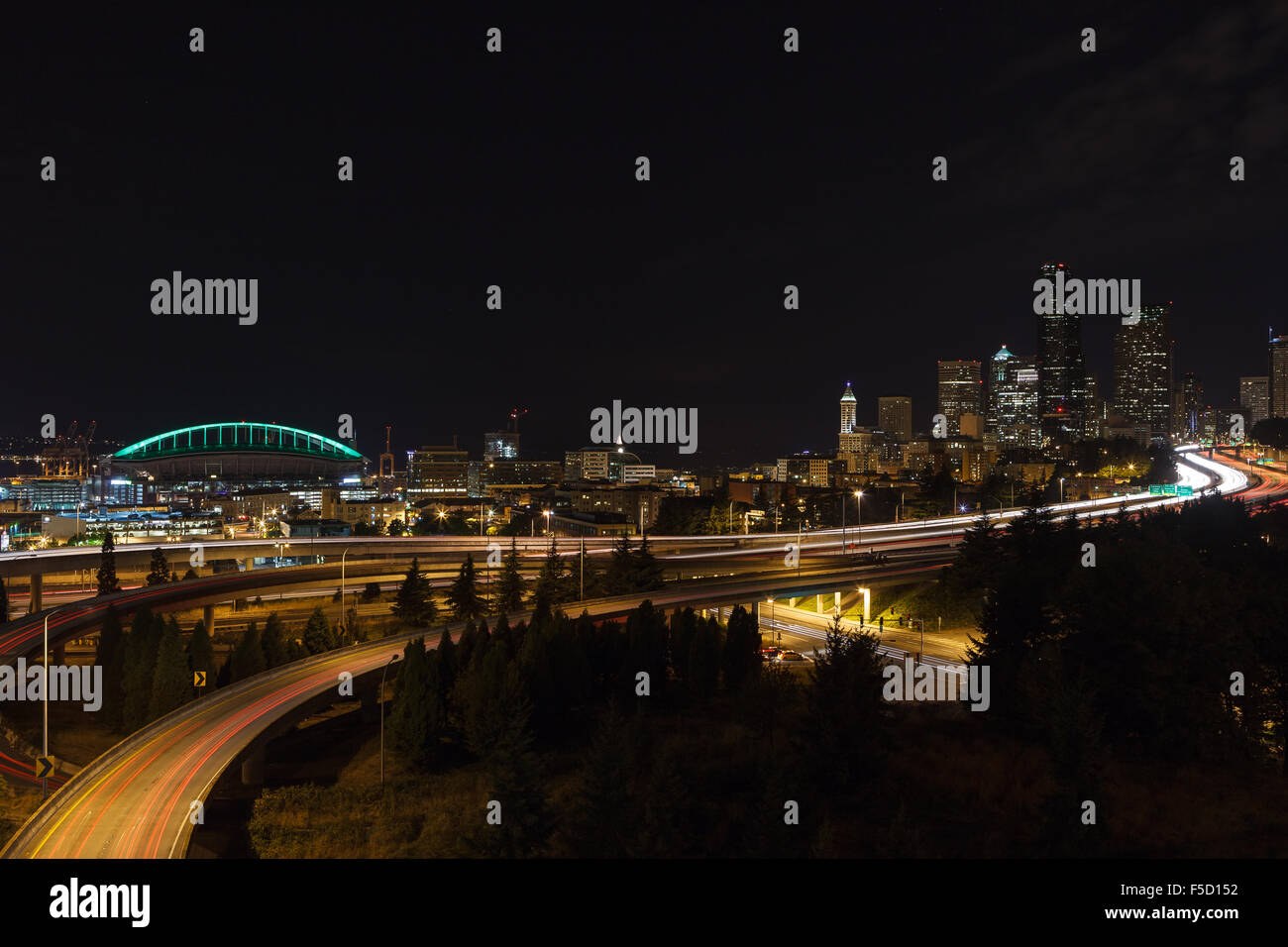 Seattle skyline at night from Rizal Park, in Beacon Hill. Seattle, WA, USA. Stock Photo