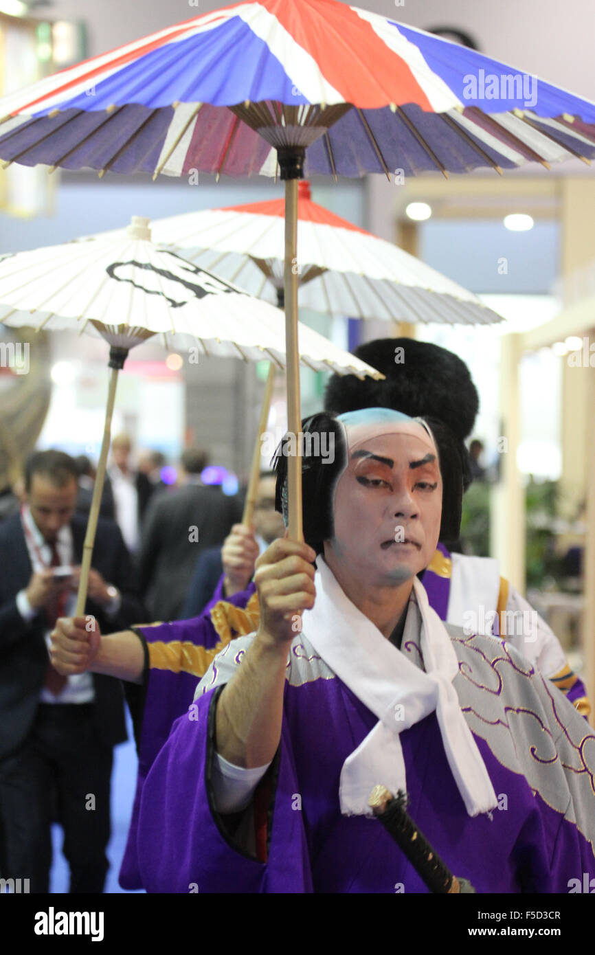 London, UK 2 November 2015. A Japanese man in traditional kimono and face painting seen at the World Travel Market 2015. Credit:  david mbiyu/Alamy Live News Stock Photo