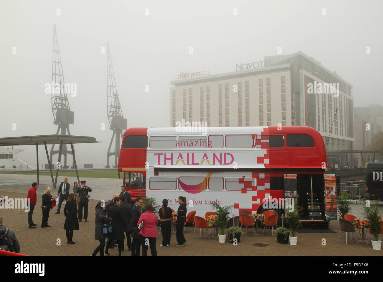 London, UK 2 November 2015. A Route master branded for Thailand Tourism is seen outside the Excell Center on a foggy morning on the first day of the World Travel Market 2015. Credit:  david mbiyu/Alamy Live News Stock Photo