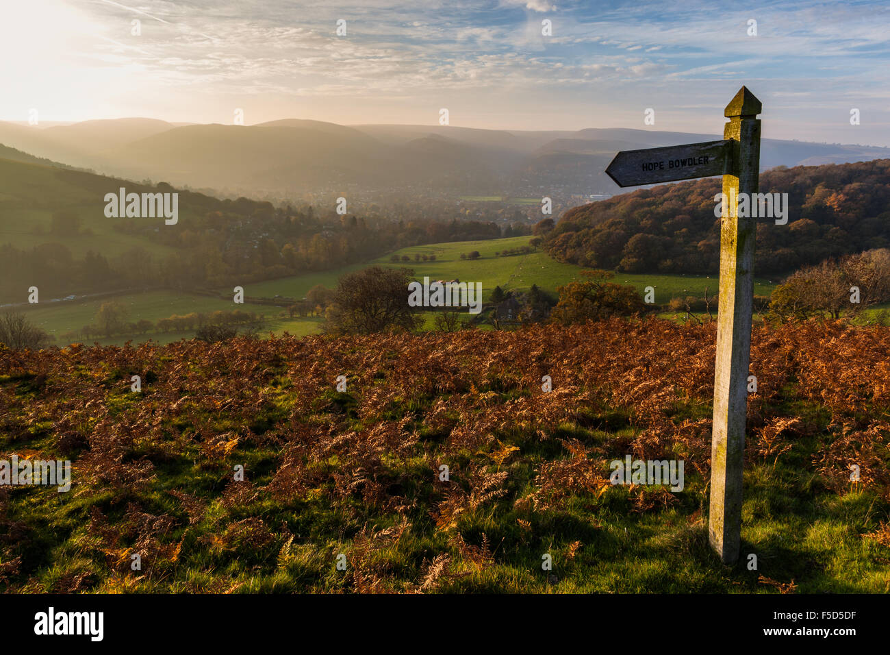Church Stretton and the Long Mynd seen from the lower slopes of Hope Bowdler Hill, Shropshire, UK Stock Photo
