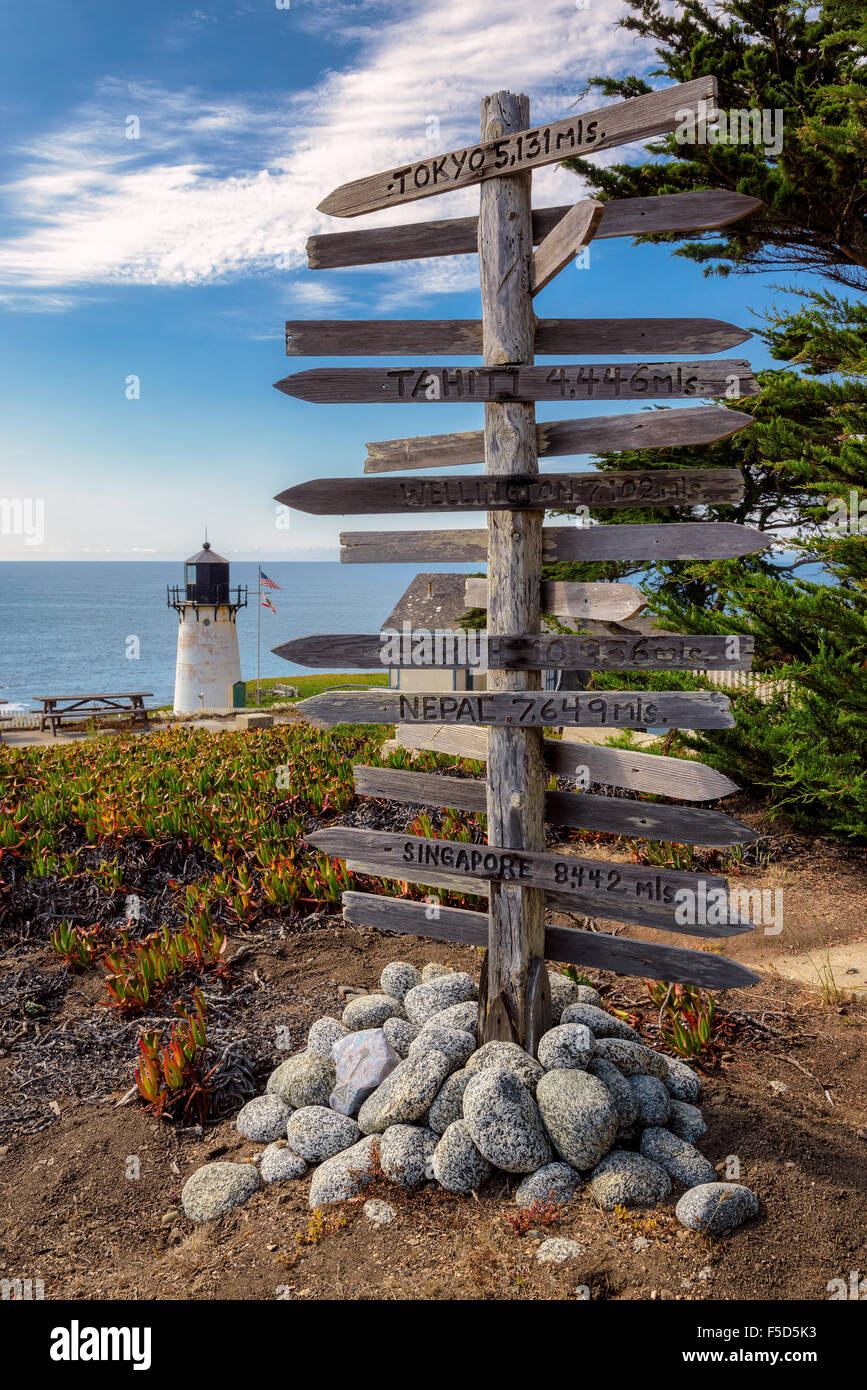 Index distance to capitals of the World and lighthouse in San Francisco County, California Stock Photo