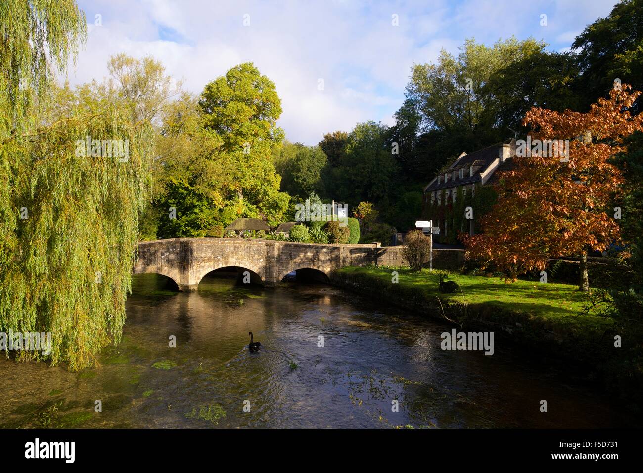 River Coln and Swan Hotel,  Bibury, Cotswolds, Gloucestershire, England, UK, GB, Europe Stock Photo