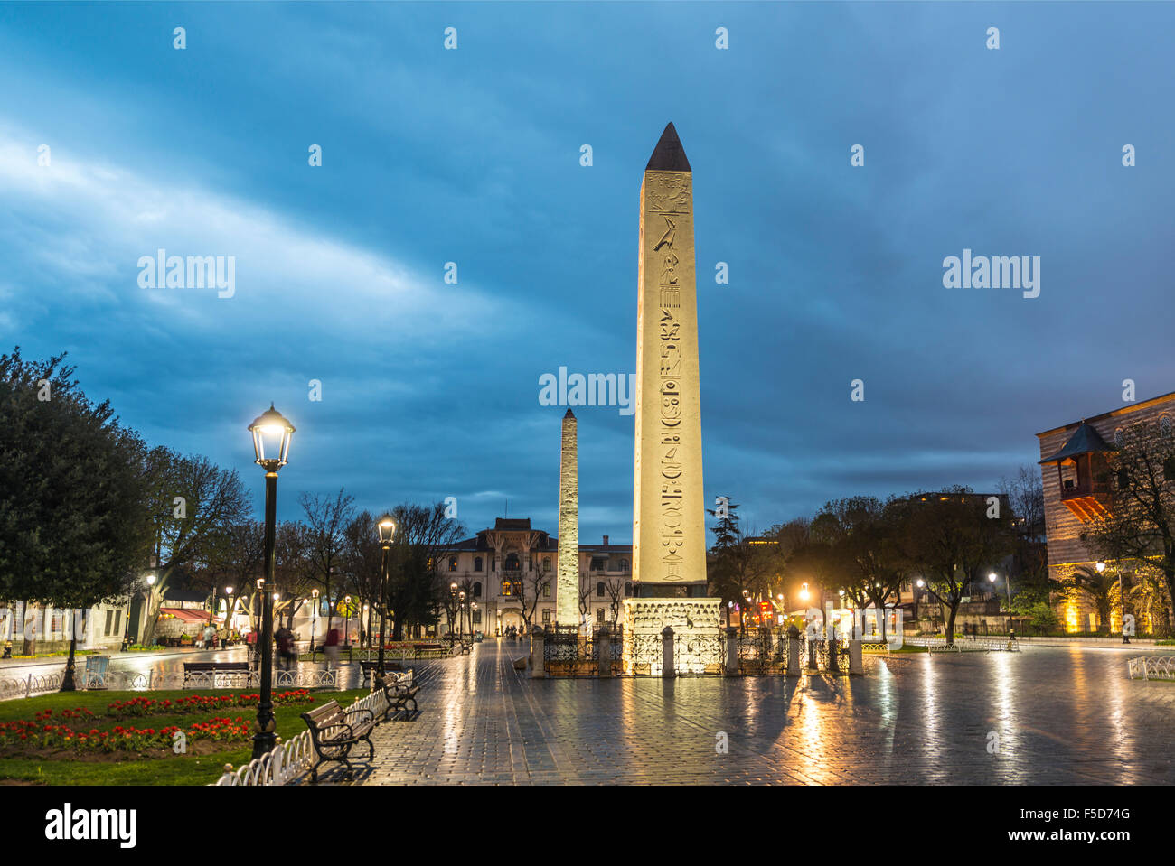 Egyptian obelisk and brick obelisk on Hippodrome of Constantinople or Sultan Ahmet Square European side, Istanbul, Turkey Stock Photo