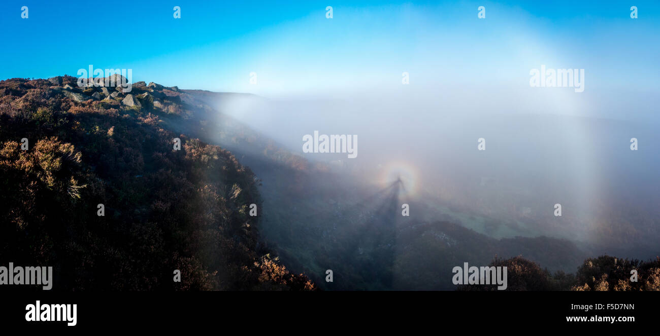 Dramatic brocken spectre within a beautiful fogbow from a misty countryside path on Burley Moor near rural Ilkley, Yorkshire. Credit:  Rebecca Cole/Alamy Live News Stock Photo